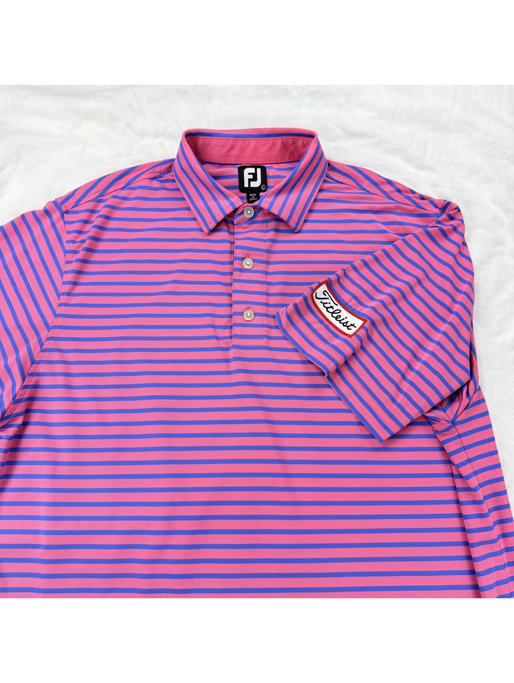FootJoy Titleist Men's L Pink Blue Stripe ProDry Lisle Golf Polo 26418